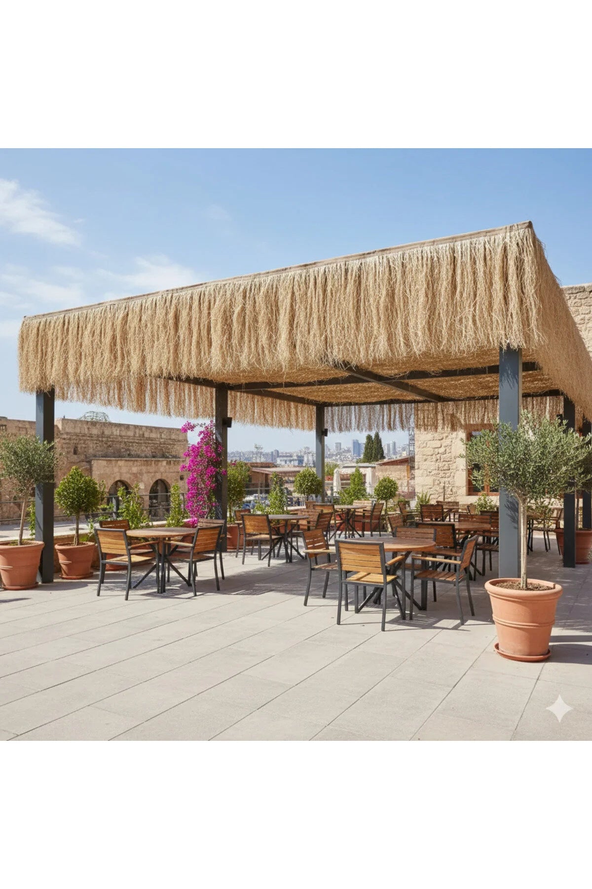 Hasır Saçak 75x300 cm Kafe, Balkon, Teras Duvar & Çatı Dekorasyonu | Rustik Püsküllü Kamış Hasır